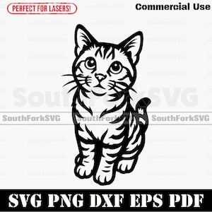 May include: Black and white illustration of a cat with striped markings. The image includes the text "Commercial Use" and "SVG PNG DXF EPS PDF". The image is labeled "Perfect for Lasers!" and includes the SouthForkSVG logo.