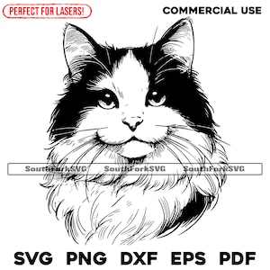 Portrait de chat smoking cheveux longs fichiers de gravure laser svg png dxf eps pdf | Conception graphique vectorielle coupe impression teinture sous fichiers numériques utilisation commerciale