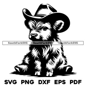 Baby Highland Cow in Cowboy Hat svg png dxf eps pdf | transparent vector graphic design cut print dye sub laser engrave files commercial use