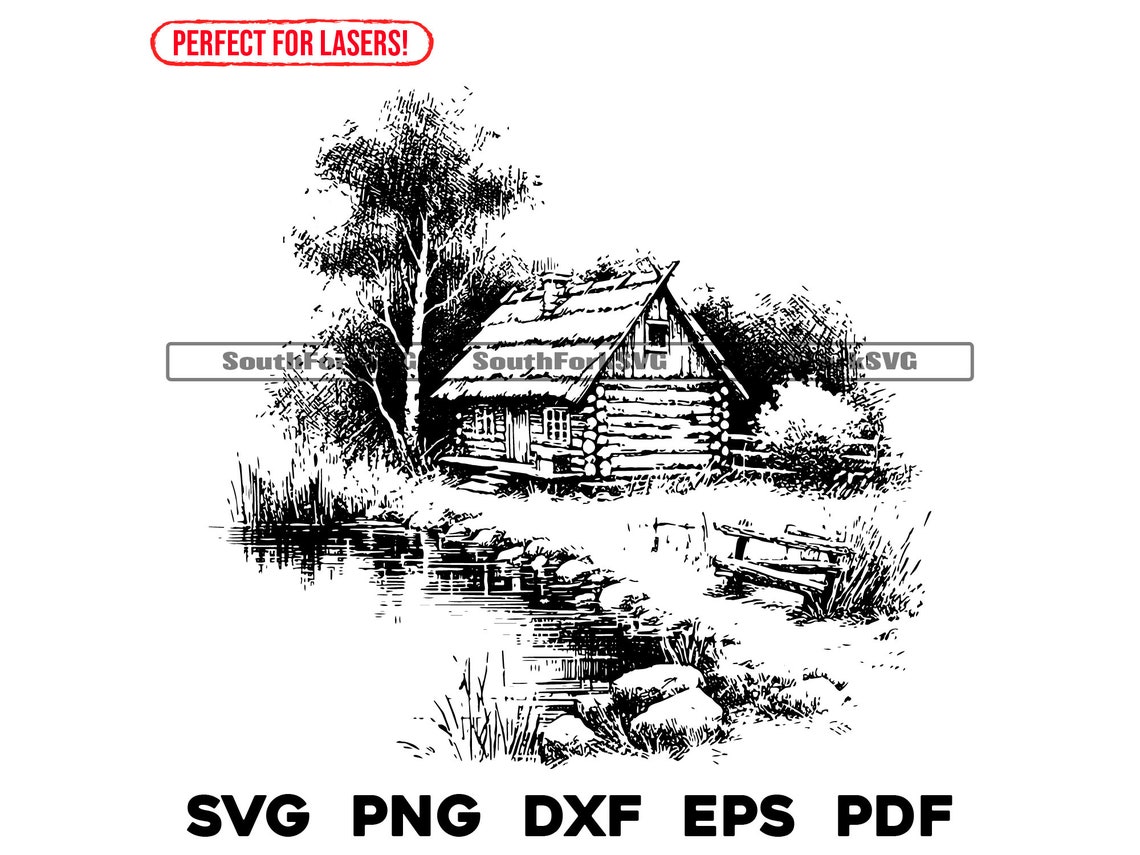 Laser Engrave File Rustic Cabin Svg Png Dxf Eps Pdf Cottage Scene for ...