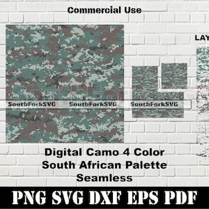Peut inclure: Motif de camouflage numérique en quatre couleurs, inspiré de la palette sud-africaine. Le motif est sans couture et peut être utilisé pour divers projets.