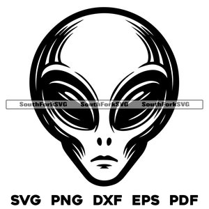 以下が含まれることがあります： 大きく目を見開いた、真剣な表情の宇宙人の頭部の白黒イラスト