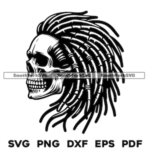 May include: Black and white illustration of a skull with dreadlocks. The skull is facing to the left and has a detailed design.