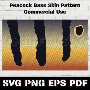 May include: A digital illustration of a peacock bass skin pattern in shades of orange, yellow, and black. The pattern is a repeating design of scales and stripes. The text "Peacock Bass Skin Pattern Commercial Use" is at the top of the image.