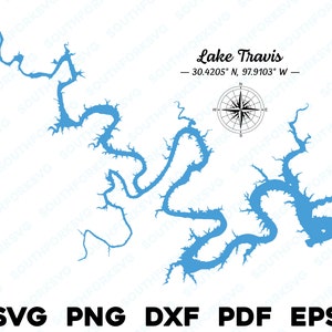 Lake Travis Texas Mapa Forma Silueta svg png dxf pdf eps vector diseño gráfico corte grabado archivo láser imagen barco lago