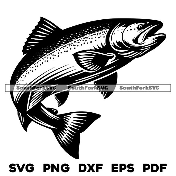 Salmon Jumping | svg png dxf eps pdf | transparent vector graphic design cut print dye sub laser engrave files commercial use