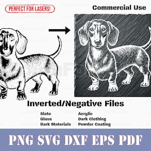 May include: Black and white line art illustration of a dachshund dog. The image is on a white background and includes the text "PERFECT FOR LASERS!" and "Commercial Use".