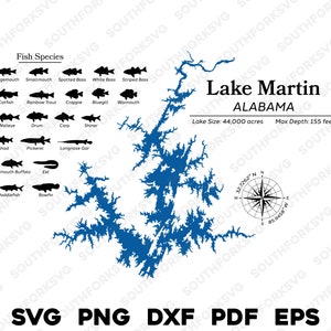 Kaartgegevens Lake Martin Alabama, vissoorten | Klaar voor lasersnijden CNC-kleurstofsubstraat | svg png dxf eps pdf | Directe download voor commercieel gebruik