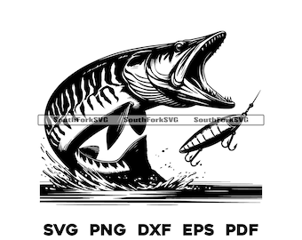 Musky Muskie Chasing Lure svg png dxf eps pdf | transparent vector graphic design cut print dye sub laser engrave files commercial use