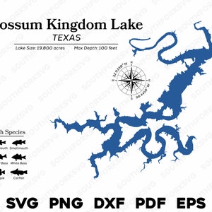 Possum Kingdom Lake Texas Mapa Dados Espécies de peixes | Tintura CNC para impressão CNC pronta para laser | svg png dxf eps pdf | Download instantâneo para uso comercial