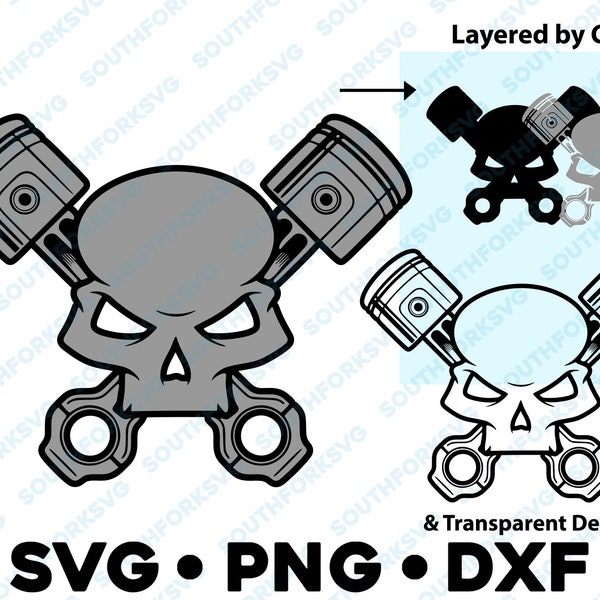 Skull & Pistons SVG PNG DXF Layered by Color cut file vector graphic design clipart motor head grease monke, gear head mechanic engine motor