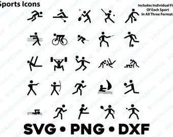 Könnte beinhalten: Ein Satz von 25 Sport-Icons in Schwarzweiß. Die Icons zeigen verschiedene Sportarten wie Schwimmen, Laufen, Radfahren, Gewichtheben, Bogenschießen und mehr. Die Icons sind in einem einfachen, minimalistischen Stil gehalten.