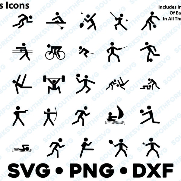 Sports Stick Figure Silhouette Icon Clipart Bundle SVG PNG DXF vector graphic design cut file images baseball basketball volleyball tennis