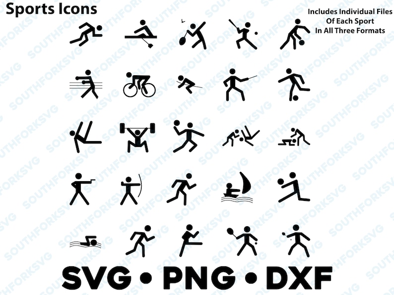 May include: A set of 25 black and white sport icons. The icons depict various sports including swimming, running, cycling, weightlifting, archery, and more. The icons are in a simple, minimalist style.