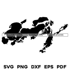 May include: Black and white silhouette of a lake with multiple islands. The lake is shaped like a large, irregular oval with a smaller, irregular oval extending from the left side. The islands are scattered throughout the lake and are all different shapes and sizes.