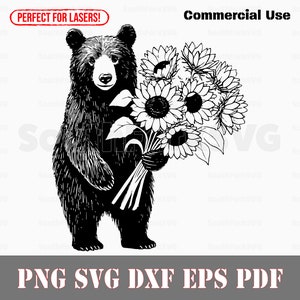 Oso con un ramo de girasol svg png dxf eps pdf / grabado láser cortado archivos de impresión vector gráfico clip art / descarga instantánea uso comercial