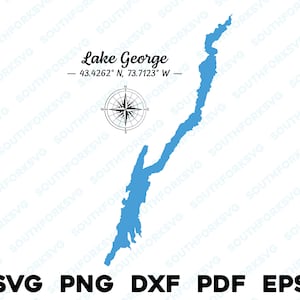 Lake George Nueva York Mapa Forma Silueta svg png dxf pdf eps vector diseño gráfico corte grabado archivo láser imagen barco lago casa