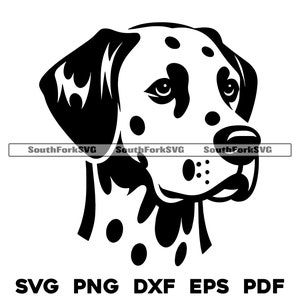 以下が含まれることがあります： ダルメシアン犬の頭部の白黒グラフィック。犬は黒い斑点と黒い耳を持っています。画像には「SouthForkSVG」のテキストと、ファイルタイプのオプション（SVG、PNG、DXF、EPS、PDF）が含まれています。