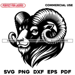 以下が含まれることがあります： 大きく巻いた角を持つ雄羊の頭部の白黒イラスト。雄羊は左を見ています。