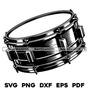 May include: A black and white illustration of a snare drum. The drum has a round shape with a rim and a head. There are several metal parts on the drum, including a hoop, lugs, and a snare wire.