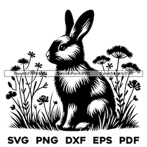 Konijn in wilde bloemen 2 | svg png dxf eps pdf | transparant vector grafisch ontwerp gesneden print kleurstof sub laser graveerbestanden commercieel gebruik