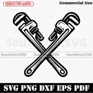 Peut inclure: Illustration en noir et blanc de deux clés à molette croisées. L'image comprend le texte "Commercial Use" et "SVG PNG DXF EPS PDF". L'image comprend également le texte "Perfect for Lasers!"