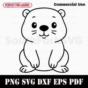 May include: A black and white cartoon illustration of a cute bear with a smiling face. The image includes the text "Commercial Use" and "Perfect for Lasers!" at the top, and "PNG SVG DXF EPS PDF" at the bottom.