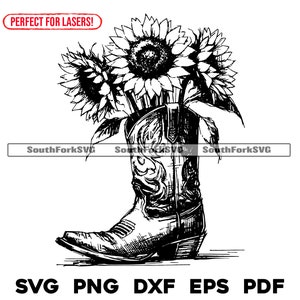 Bottes de cowboy tournesol fichiers de gravure laser svg png dxf eps pdf conception graphique vectorielle coupe impression fichiers numériques sub usage commercial