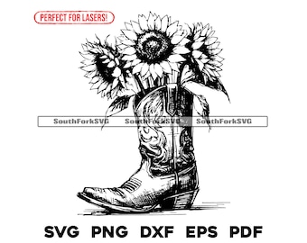 Sunflower Cowboy Boots Laser Engrave Files svg png dxf eps pdf vector graphic design cut print dye sub digital files commercial use