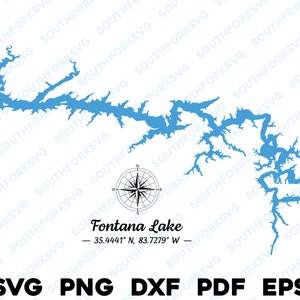 Fontana Lake Carolina del Norte Mapa Forma Silueta svg png dxf pdf eps vector diseño gráfico corte grabado archivo láser imagen barco lago casa