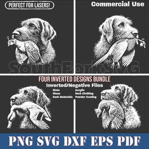 Op de afbeelding: Vier omgekeerde ontwerpen in zwart-wit van een hond met een fazant in zijn bek. De ontwerpen zijn bedoeld voor gebruik op donkere materialen zoals leisteen, glas, acryl, donkere kleding en poedercoating. De tekst "Four Inverted Designs Bundle" en "Inverted/Negative Files" is opgenomen in de afbeelding.