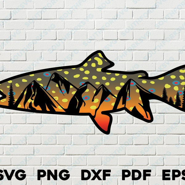 Brook Trout Mountains svg png dxf eps pdf vector design dye sub fishing hunting outdoors nature animal bass fly rainbow brook brown salmon