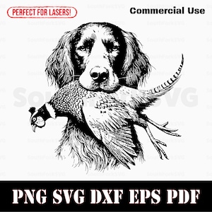 May include: Black and white illustration of a dog holding a pheasant in its mouth. The dog is a hunting breed with long ears and a bushy tail. The pheasant is a bird with a long tail and a distinctive pattern of feathers.