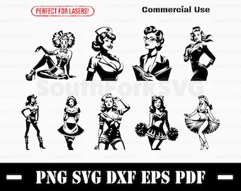 May include: A set of nine black and white illustrations of women in various poses. The women are wearing different outfits, including a nurse's uniform, a maid's outfit, a cheerleader uniform, and a hula skirt. The illustrations are perfect for use in crafts, scrapbooking, and other creative projects.