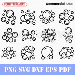 Op de afbeelding: Zwart-wit digitale kunst van verschillende bubbelclusters. De afbeelding bevat de tekst "Perfect for Lasers!" en "Commercial Use". De onderkant van de afbeelding heeft de tekst "PNG SVG DXF EPS PDF".