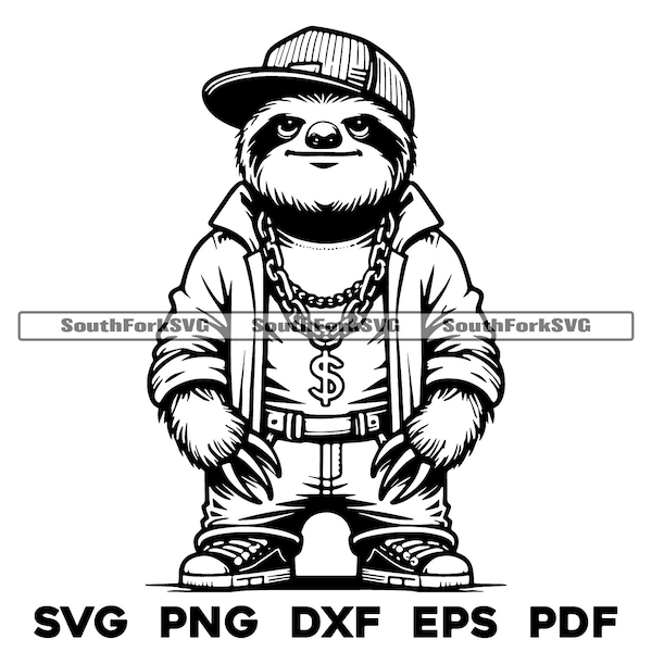 Gangster Sloth Cartoon | svg png dxf eps pdf | laser cut print engrave dye sub vector graphic design | digital download commercial use