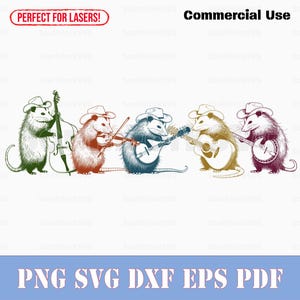 Possum Bluegrass Band Color svg png dxf eps pdf | arquivos de impressão de corte e gravação a laser vetor gráfico clip art | download instantâneo uso comercial