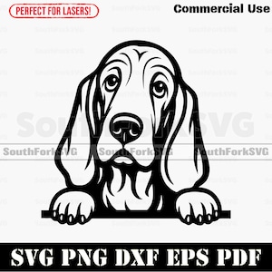 May include: Black and white graphic of a Basset Hound dog. The dog's head and paws are visible, with large floppy ears and a sad expression. Text includes "Commercial Use" and "SVG PNG DXF EPS PDF".