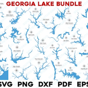 Può includere: Un download digitale di 20 mappe di contorno di laghi in Georgia. Le mappe sono blu e includono il nome di ogni lago. Il testo "GEORGIA LAKE BUNDLE" è nella parte superiore dell'immagine. Il testo "SVG PNG DXF PDF EPS" è nella parte inferiore dell'immagine.