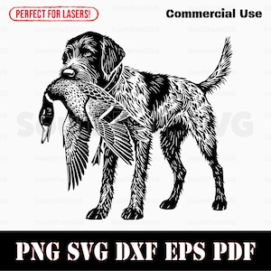 Puede incluir: Ilustración en blanco y negro de un perro llevando un pato en la boca. El perro es un Braco Alemán de Pelo Corto y está de pie con las patas separadas. El pato es un ánade real y está mirando hacia la izquierda. La imagen es perfecta para usar en proyectos de manualidades.