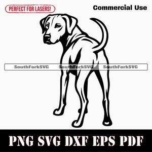 Könnte beinhalten: Schwarz-Weiß-Illustration eines Hundes, von hinten gesehen und über die Schulter blickend. Text enthält "Commercial Use", "Perfect for Lasers!" und Dateityp-Optionen: PNG, SVG, DXF, EPS und PDF. Geeignet für Laser.