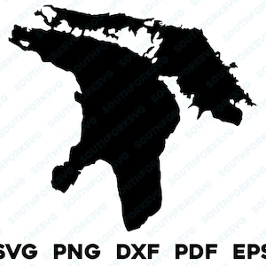 Mapa del lago Hurón, silueta, SVG, PNG, DXF, PDF, EPS, diseño gráfico vectorial, corte, grabado láser, archivo de imagen, barco, lago, casa