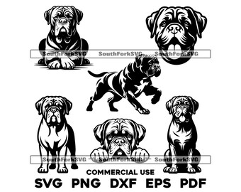 Peut inclure: Cinq illustrations en noir et blanc d'un chien de race Bulldog dans différentes poses. Le chien est représenté debout, assis et la tête tournée sur le côté. Les illustrations sont dans un style simple et stylisé.