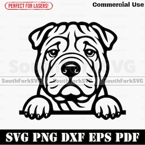Puede incluir: Gráfico en blanco y negro de un perro Shar Pei. La imagen incluye el texto "Commercial Use" y "SVG PNG DXX EPS PDF". El diseño es adecuado para corte por láser.