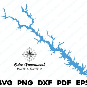 Lago Greenwood Carolina del Sur Mapa Forma Silueta svg png dxf pdf eps vector diseño gráfico corte grabado archivo láser imagen ing lago con botes
