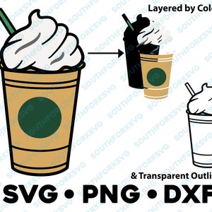 May include: A layered SVG design of a coffee drink with whipped cream and a straw. The design is available in black and white, and in a layered color version. The text "SVG.PNG.DXF" is at the bottom of the image.