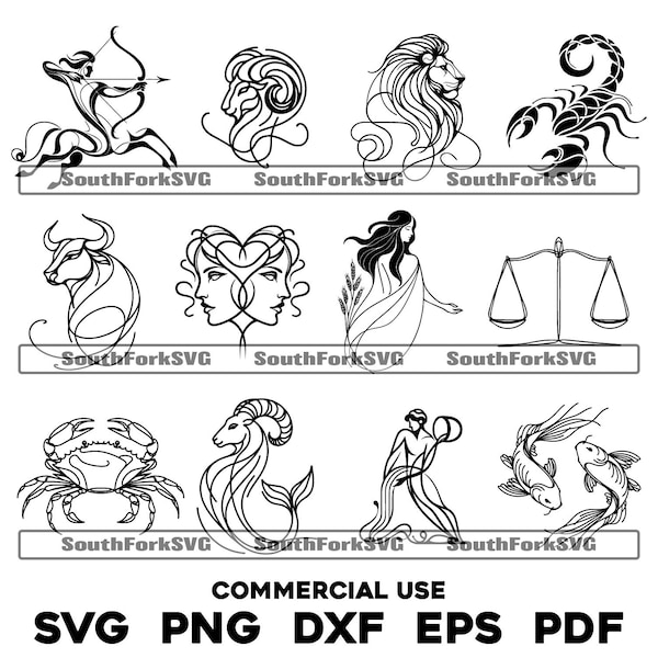 Komplette Sternzeichen Line Art Bundle svg png dxf pdf eps | Vektorgrafik Design Cut Print Dye sub Laser graviert digitale Datei Kommerzielle Nutzung