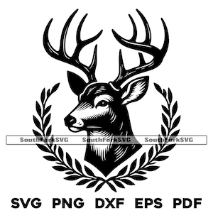 Puede incluir: Silueta en blanco y negro de una cabeza de ciervo con cuernos, enmarcada por una corona de hojas.