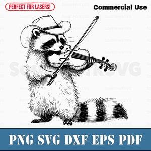 May include: Black and white line art illustration of a raccoon wearing a cowboy hat and playing a violin. The raccoon is standing on all fours and has a bushy tail.