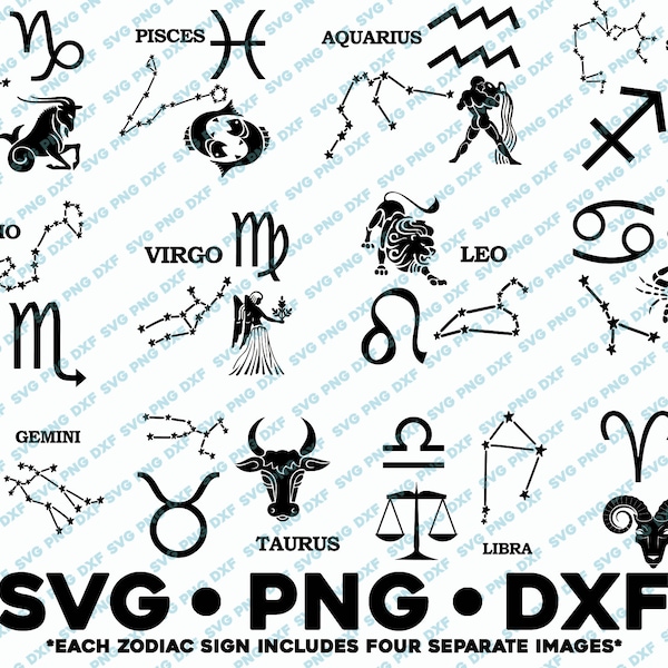 Paquete zodiacal completo SVG PNG DXF Cortar archivo para silueta Cameo Signo estelar Horóscopo Constelación Tarot Astrología Cumpleaños